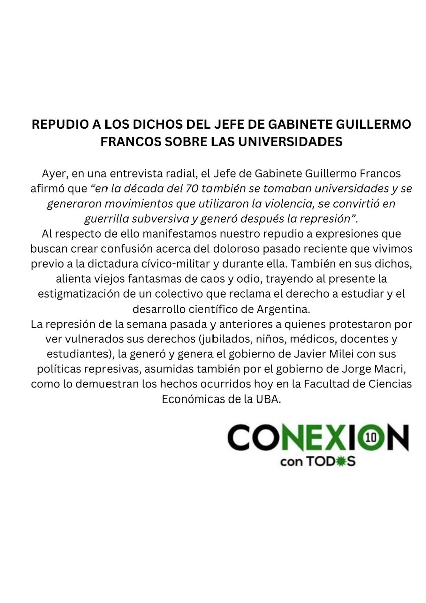 ¡Repudiamos los dichos del Jefe de Gabinete de Ministros <a href="/GAFrancosOk/">Guillermo Francos</a> sobre las Universidades! 

#UniversidadPúblicaSiempre #UniversidadPública 

<a href="/ubasociales/">UBA Sociales | #FSOC #UBA</a> <a href="/comuUBA/">Comu Sociales UBA</a>