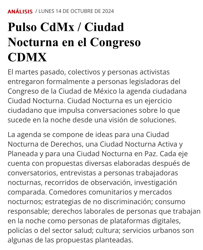 Aurélien (@aurel_gt) on Twitter photo Aunque la #CDMX es una capital mundial que nunca duerme, aún no tenemos una política pública coordinada para mejorar las condiciones de las personas que trabajan, bien o disfrutan de la noche.
La entrega de la iniciativa #CiudadNocturna en el <a href="/Congreso_CdMex/">Congreso de la Ciudad de México</a> es una oportunidad Aunque la #CDMX es una capital mundial que nunca duerme, aún no tenemos una política pública coordinada para mejorar las condiciones de las personas que trabajan, bien o disfrutan de la noche.
La entrega de la iniciativa #CiudadNocturna en el <a href="/Congreso_CdMex/">Congreso de la Ciudad de México</a> es una oportunidad