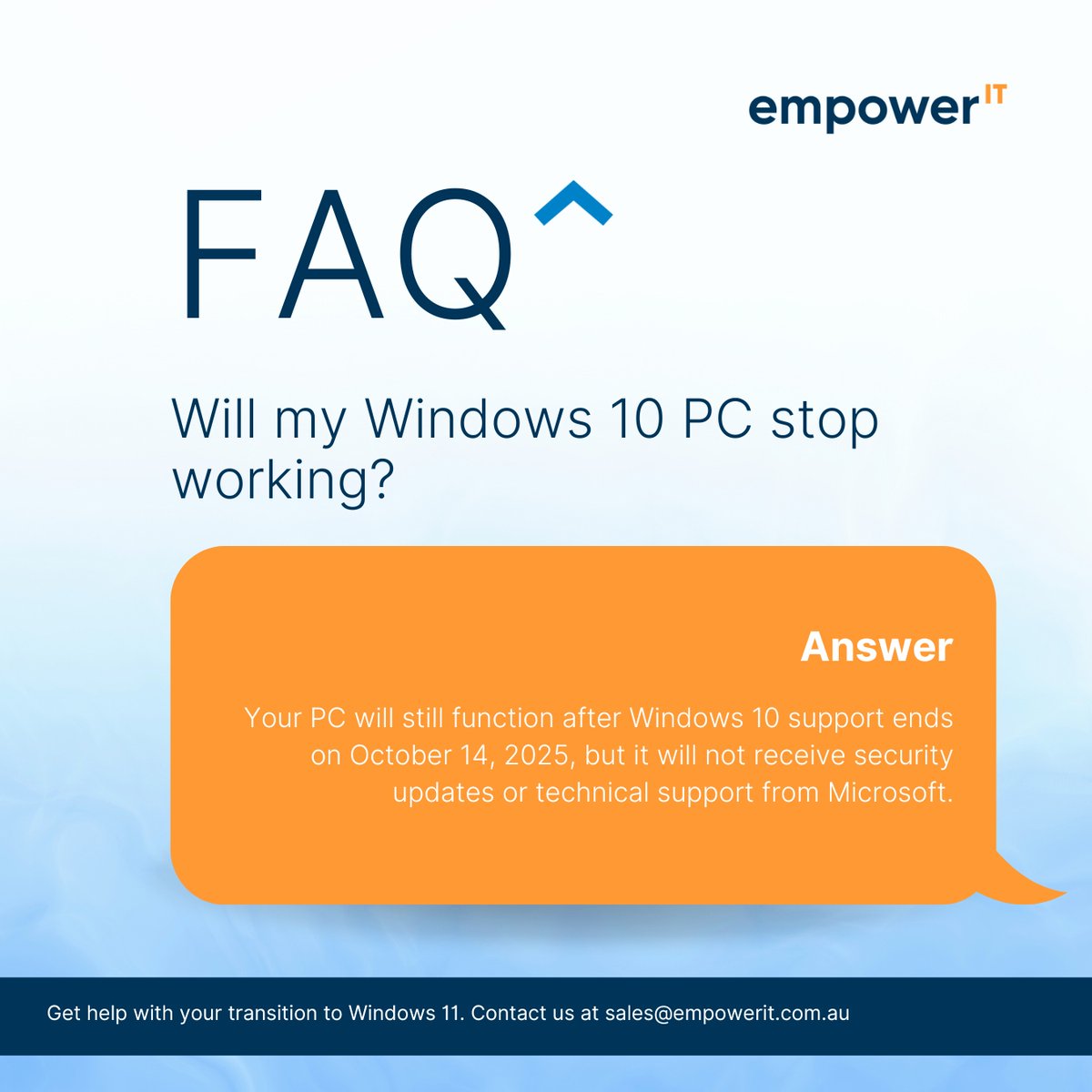EmpowerITS's tweet photo. Windows 10 is reaching End of Life in less than a year!
Time to start planning your upgrade. 

Need help? We’ve got the answers to your questions.
#Windows10EndOfLife #UpgradeToWindows11 #ITSecurity #EmpowerITSolutions https://t.co/fIHC2JPOAG