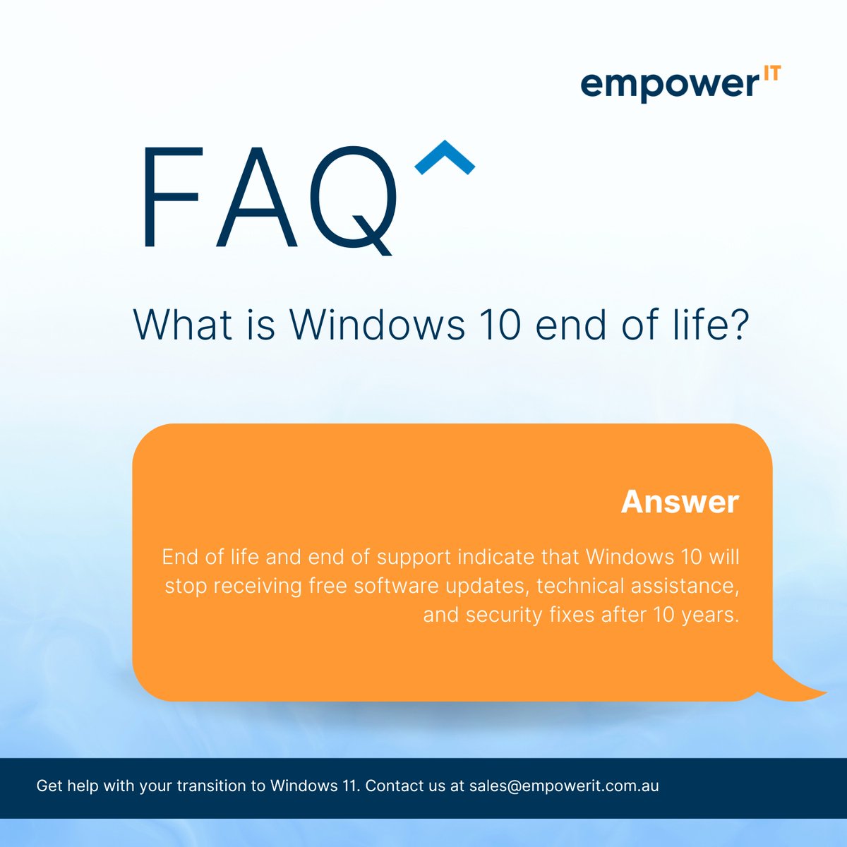 EmpowerITS's tweet photo. Windows 10 is reaching End of Life in less than a year!
Time to start planning your upgrade. 

Need help? We’ve got the answers to your questions.
#Windows10EndOfLife #UpgradeToWindows11 #ITSecurity #EmpowerITSolutions https://t.co/fIHC2JPOAG