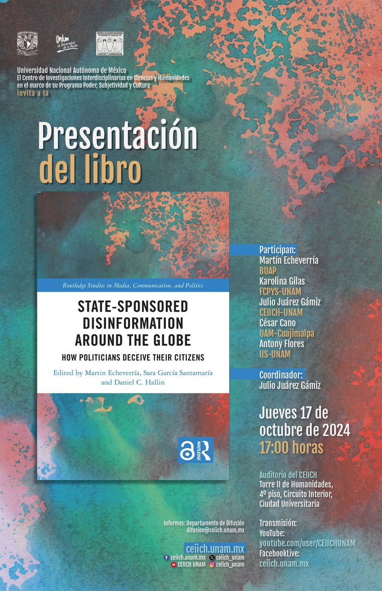 Julio Juárez Gámiz (@juliojuarezg) on Twitter photo El jueves por la tarde presentamos en el <a href="/ceiich_unam/">CEIICH-UNAM</a> este interesante y revelador libro de nuestros colegas <a href="/martechev/">Martin Echeverria</a> <a href="/sara0garcia/">Sara García Santamaría</a> y <a href="/danielchallin/">Daniel C. Hallin</a>
Un gran gusto colaborar con <a href="/CosetteCelecia/">Cosette Celecia</a> en la redacción de nuestro capítulo sobre el caso cubano
#desinformacion El jueves por la tarde presentamos en el <a href="/ceiich_unam/">CEIICH-UNAM</a> este interesante y revelador libro de nuestros colegas <a href="/martechev/">Martin Echeverria</a> <a href="/sara0garcia/">Sara García Santamaría</a> y <a href="/danielchallin/">Daniel C. Hallin</a>
Un gran gusto colaborar con <a href="/CosetteCelecia/">Cosette Celecia</a> en la redacción de nuestro capítulo sobre el caso cubano
#desinformacion