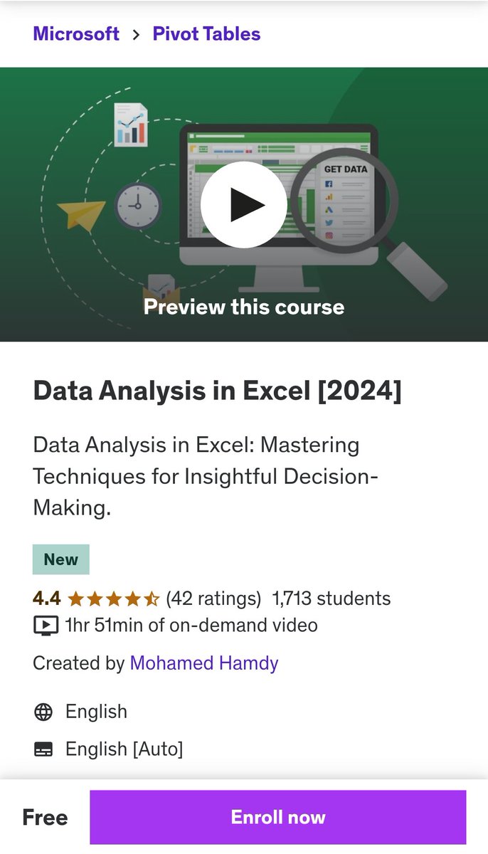 Atarangi_Kp's tweet photo. Data Analysis in Excel: Mastering Techniques for Insightful Decision-Making.

Only Course (No Certificate)

It's Free

How to get it
- RT this post
- Like and Comment ' Excel '
- Follow me so I can DM link

Hurry up limited Enrollments https://t.co/F4IpKdhBuf