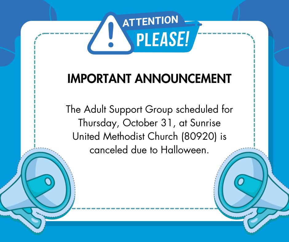 DBSAcos's tweet image. ATTENTION DBSA MEMBERS! The Adult Support Group scheduled for Thursday, October 31, at Sunrise United Methodist Church (80920) is canceled for Halloween.

We encourage you to join us for our other groups.

#DBSAColoradoSprings #AdultSupportGroup #Halloween