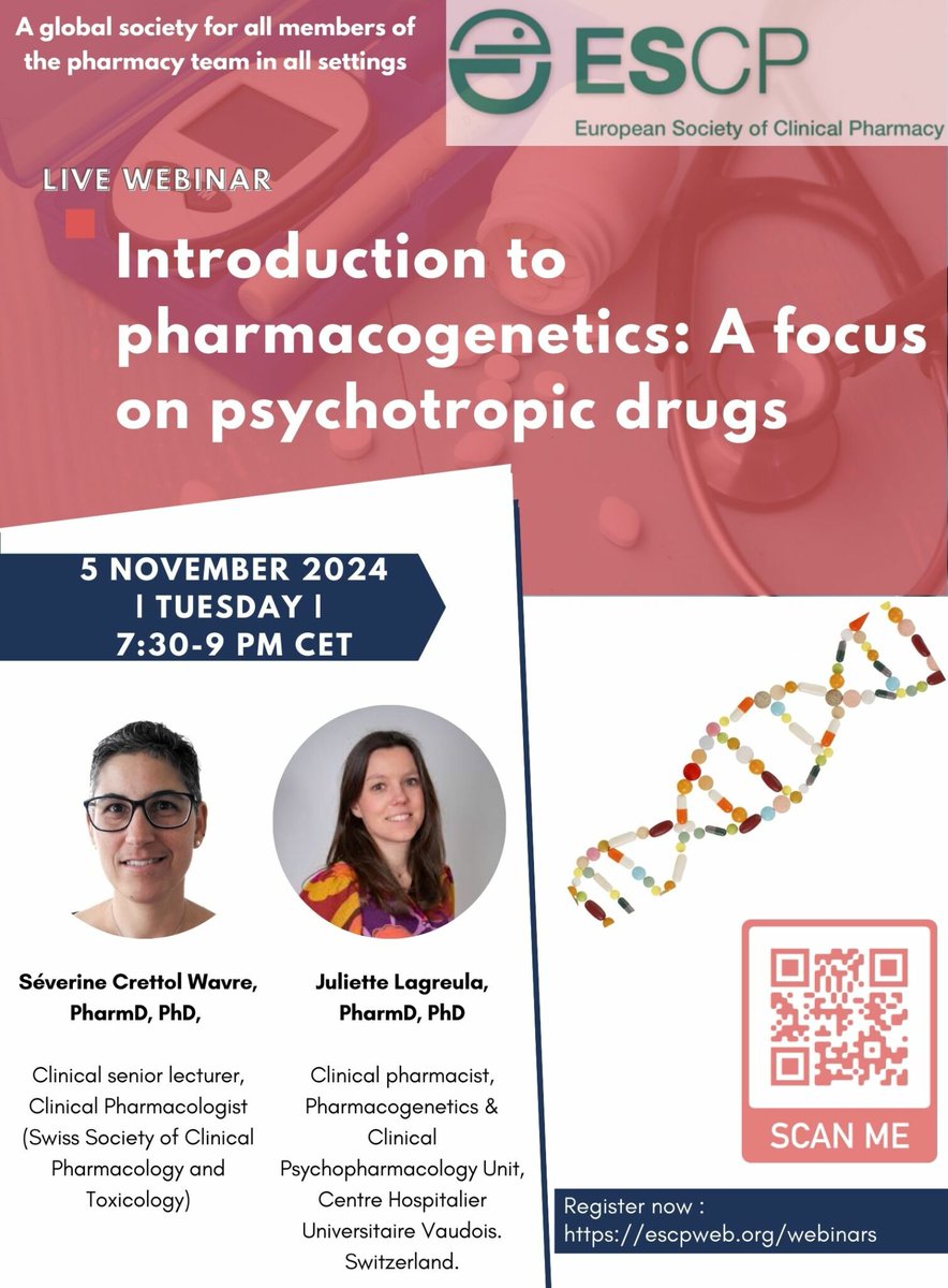 *Great opportunity for professional development*
Will cover - concept of genetic polymorphism, pharmacogenetics and drug toxicity
FREE for members, €25 for non-members
Scan QR code to register.
For registration: bit.ly/3X8Crrp 
#pharmacy #pharmacists #clinicalpharmacy