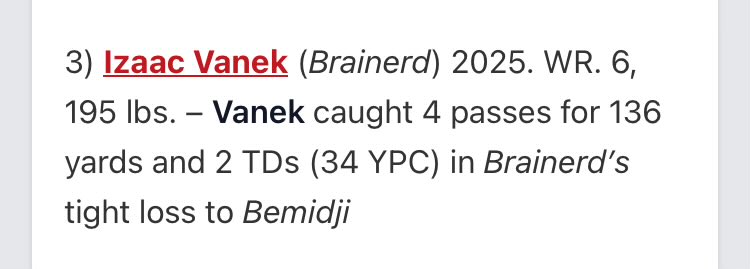 Thank you to <a href="/OJW_Scouting/">Oliver James West</a> and <a href="/PrepRedzoneMN/">Prep Redzone Minnesota</a> for the write up and #3 ranking on Week 7 Top 10 performers!
