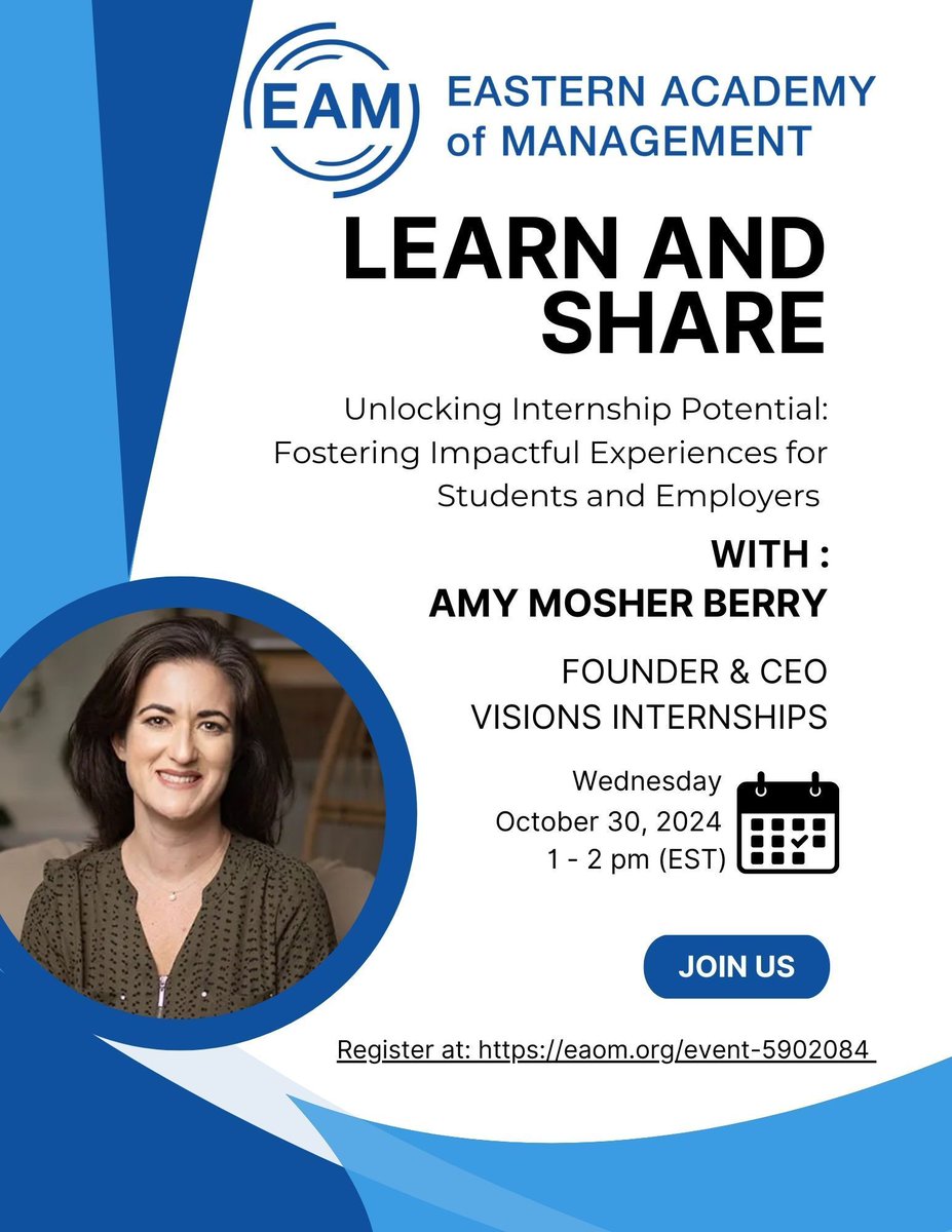 EAM Learn &amp; Share: Unlocking Internship Potential

Gain insights from Amy Mosher Berry, Founder &amp; CEO of Visions Internships. Amy will share her proven strategies to help unlock the full potential of internships.

10/30 - 1-2 pm EST (Zoom)
Register: buff.ly/3UbAZnn