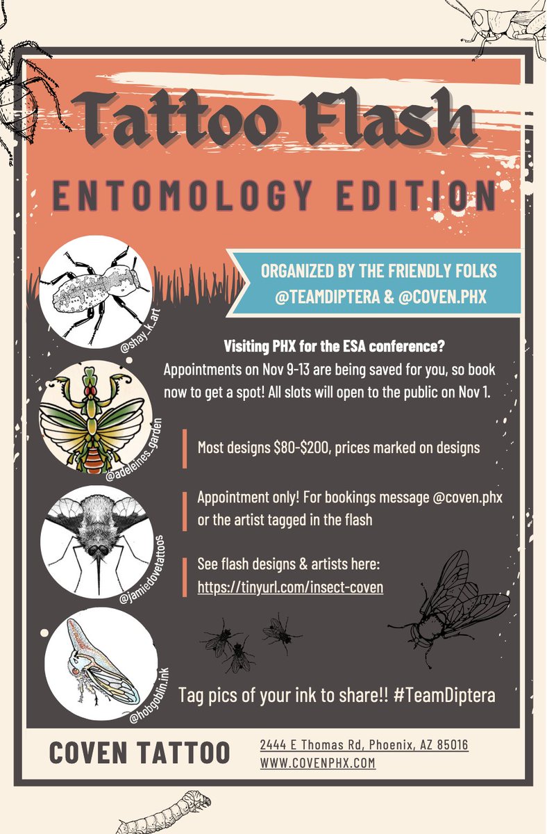 Thrilled to announce that Team Diptera is collaborating with an awesome Phoenix tattoo shop, Coven Tattoo, to offer a ton of entomology flash designs during ESA!

What's "flash"? Pre-made designs available to anyone who signs up!

Please take a look here: tinyurl.com/insect-coven