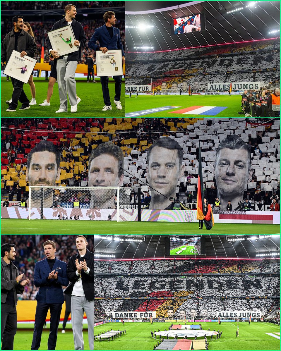 🇩🇪 Sebelum kick-off pertandingan Jerman vs Belanda semalam, para supporter memberikan salam perpisahan untuk İlkay Gundogan, Thomas Muller, Manuel Neuer, dan Toni Kroos, yang telah memutuskan pensiun dari timnas Jerman.

Toni Kroos sedang berhalangan hadir ke pertandingan itu.