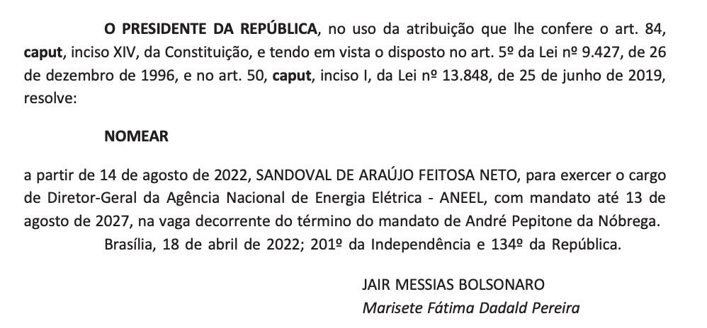 VALE LEMBRAR: Sandoval de Araujo Feitosa Neto, Diretor-Geral da Agência Nacional de Energia Elétrica – ANEEL, foi nomeado por Jair Bolsonaro, aliado de Ricardo Nunes, para mandato até 3 de agosto de 2027  ⤵︎ #DebateNaBand
