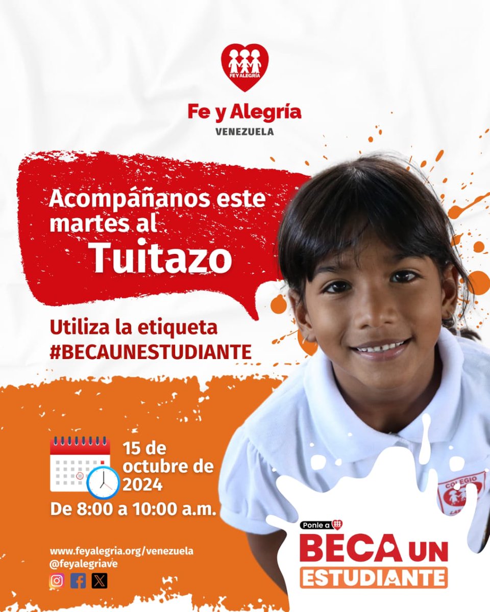 Este #15Oct, de 8:00 a 10:00 a.m., tuitea #PonleAFeyAlegría #BecaUnEstudiante y ayúdanos a garantizar la permanencia escolar❤️🙌 #AhoraEsCuandoVenezuelaNosNecesita

📍En nuestra página web te contamos los detalles: bit.ly/3BVobev