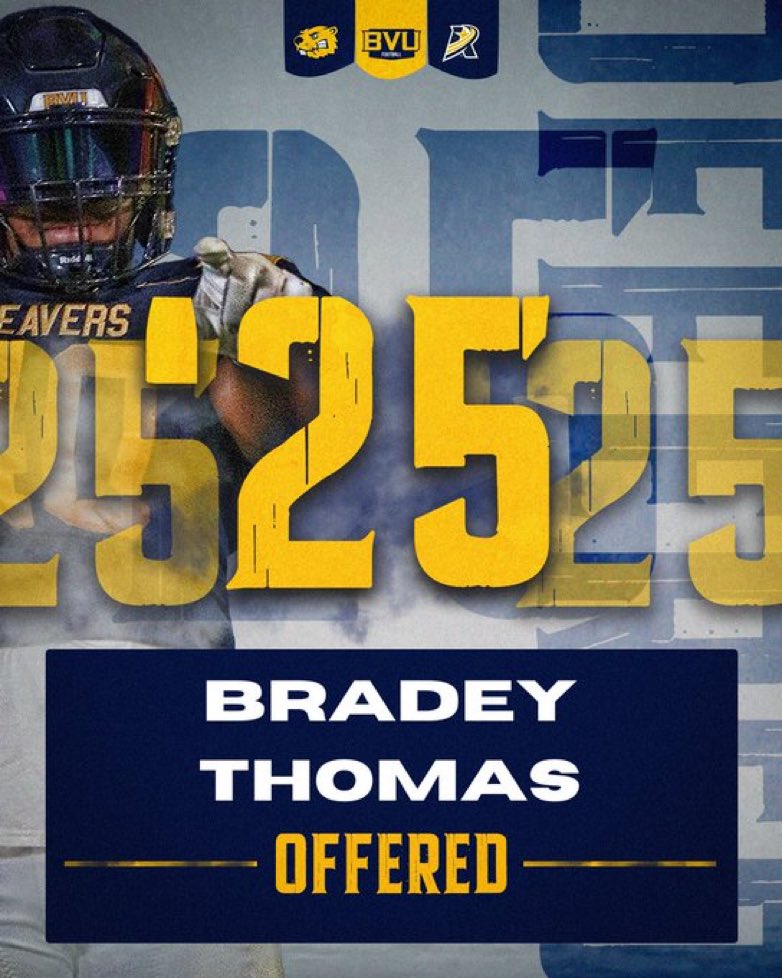 Bradey Thomas (@bradey_thomas_9) on Twitter photo After a great talk with coach Dickinson, I am blessed to announce that I have my first official offer to play Collegiate football and get my education from <a href="/BVU_Football/">BVU Football</a>.
<a href="/Coach_Sundheim/">Eric Sundheim</a> <a href="/Coach_Dickinson/">Austin Dickinson</a> <a href="/GodleyFootball/">Godley Football</a> <a href="/DudgeonD/">Danny Dudgeon</a> After a great talk with coach Dickinson, I am blessed to announce that I have my first official offer to play Collegiate football and get my education from <a href="/BVU_Football/">BVU Football</a>.
<a href="/Coach_Sundheim/">Eric Sundheim</a> <a href="/Coach_Dickinson/">Austin Dickinson</a> <a href="/GodleyFootball/">Godley Football</a> <a href="/DudgeonD/">Danny Dudgeon</a>