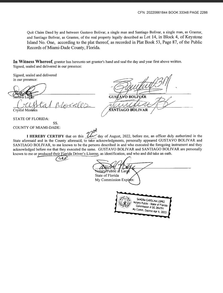 Este es el documento por medio del cual Gustavo Bolivar (Residente fiscal en Colombia) le transfirió la propiedad de su casa en Miami a su hijo Santiago Bolivar por 10 dólares cuando Bolivar era presidente de la Comisión Tercera del Senado.

Ahora oculta su declaración de renta