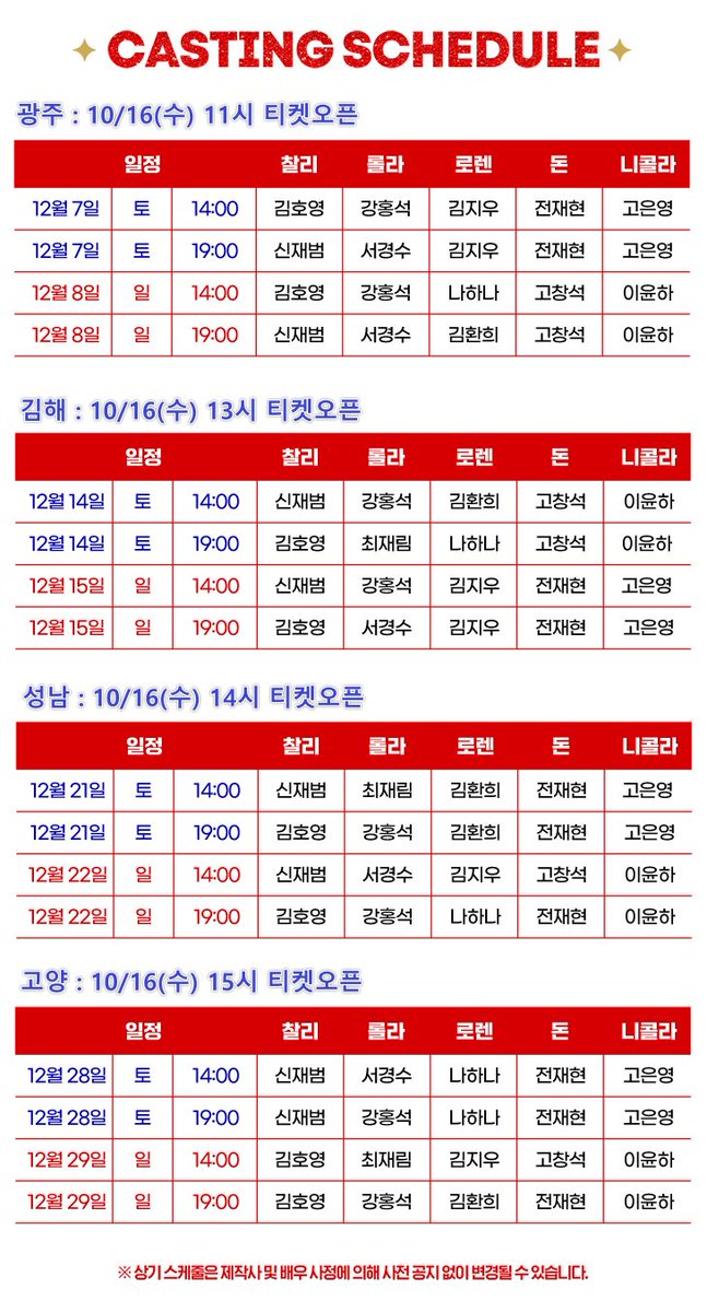 10/16(수)  킹키부츠 지방공 티켓팅 일정 전체 
- 11시 : 광주 (12/7~8)
- 13시 : 김해 (12/14~15) 
- 14시 : 성남 (12/21~22)
- 15시 : 고양 (12/28~29)
