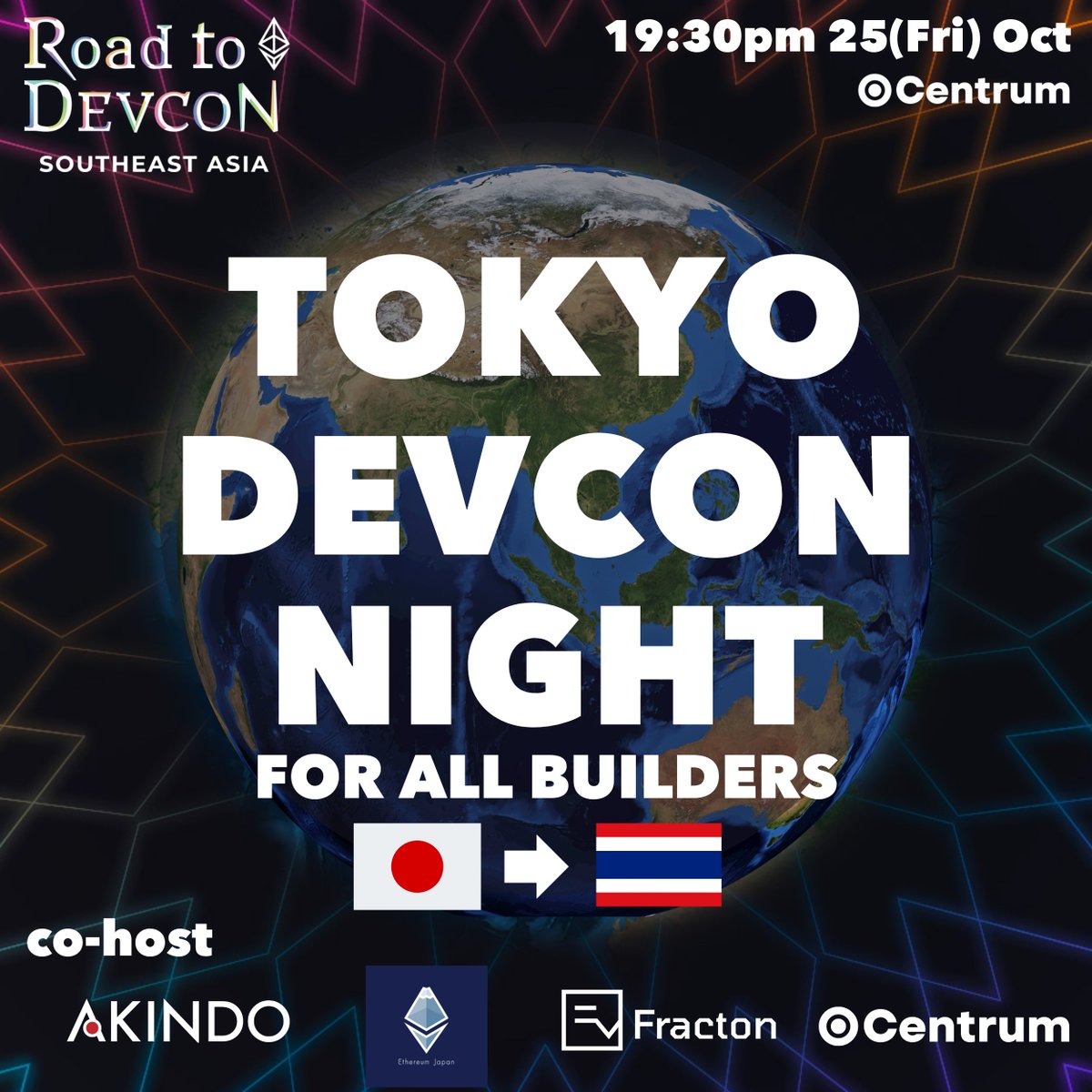 Let's go to <a href="/EFDevcon/">Ethereum Devcon</a> in Bangkok from Tokyo!

Tokyo Devcon Night 🇯🇵✈️🇹🇭for all builders
 lu.ma/tokyo-bangkok

We are organizing the Road to Devcon event in Japan with official sponsorship from the EF/Devcon team! Thanks <a href="/ethereum/">Ethereum</a> 🤝

Together with our great co-hosts, we