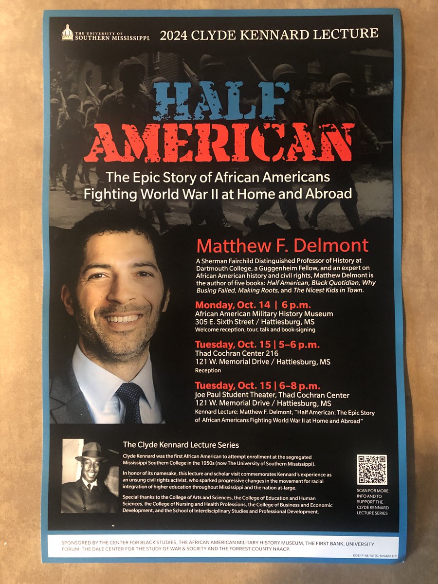 Matt Delmont (@mattdelmont) on Twitter photo Thank you to <a href="/SouthernMiss/">Southern Miss</a> <a href="/HburgAAMHM/">African American Military History Museum</a> <a href="/DaleCenter/">Dale Center</a> for hosting me for the 2nd Annual Clyde Kennard Lecture.
More on events here: usm.edu/black-studies/…
More on veteran and civil rights activist Clyde Kennard here: zinnedproject.org/news/tdih/clyd… Thank you to <a href="/SouthernMiss/">Southern Miss</a> <a href="/HburgAAMHM/">African American Military History Museum</a> <a href="/DaleCenter/">Dale Center</a> for hosting me for the 2nd Annual Clyde Kennard Lecture.
More on events here: usm.edu/black-studies/…
More on veteran and civil rights activist Clyde Kennard here: zinnedproject.org/news/tdih/clyd…