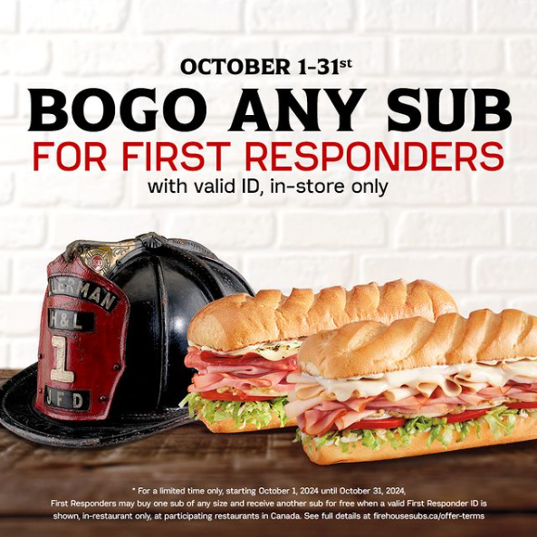 SaveMySnack's tweet image. 🔥🚨 First Responders, get BOGO on any sub at Firehouse Subs this October! 🚨🔥 
Show your ID in-store and enjoy the deal. 🥪🥪 #FirstResponderDiscount #BOGO #FirehouseSubs