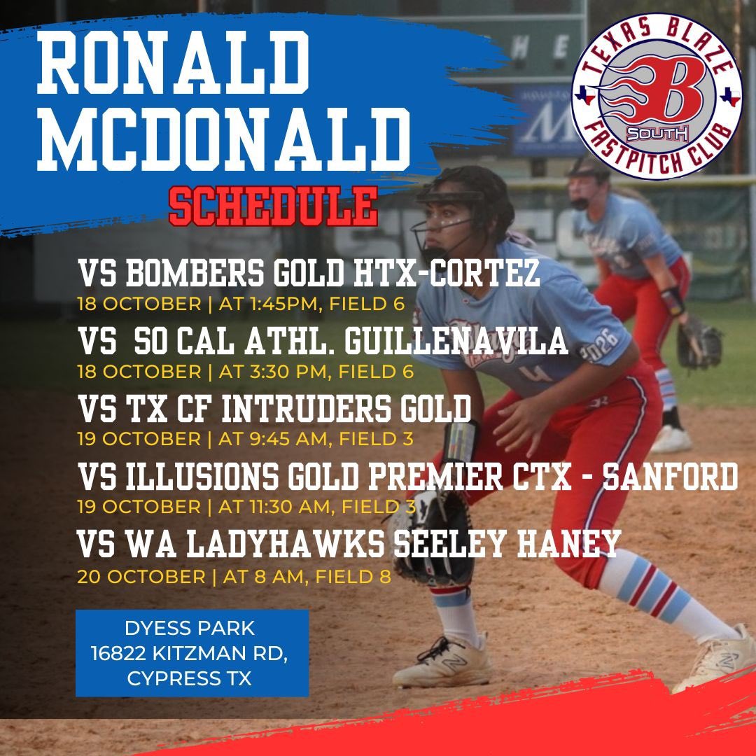 Texas Blaze National STX Willmann (@stxblazewill) on Twitter photo Next up <a href="/triplecrownspts/">Triple Crown Sports</a> Ronald McDonald tournament in Houston at Dyess Park. Coaches come check us out!!🔥💪!! <a href="/BlazeFastpitch/">Texas Blaze</a> Next up <a href="/triplecrownspts/">Triple Crown Sports</a> Ronald McDonald tournament in Houston at Dyess Park. Coaches come check us out!!🔥💪!! <a href="/BlazeFastpitch/">Texas Blaze</a>