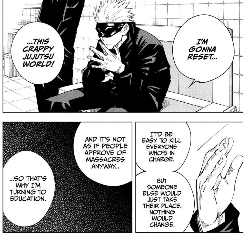 Bluerainey2000's tweet photo. What happened in JJK's ending wasn't Satoru's dream coming to fruition. It was everything he feared instead. The previous edition of higher-ups was killed, only to be replaced with new ones prepared to exploit newly-initiated special grade sorcerers like Higuruma. https://t.co/hXfIKGEHRw