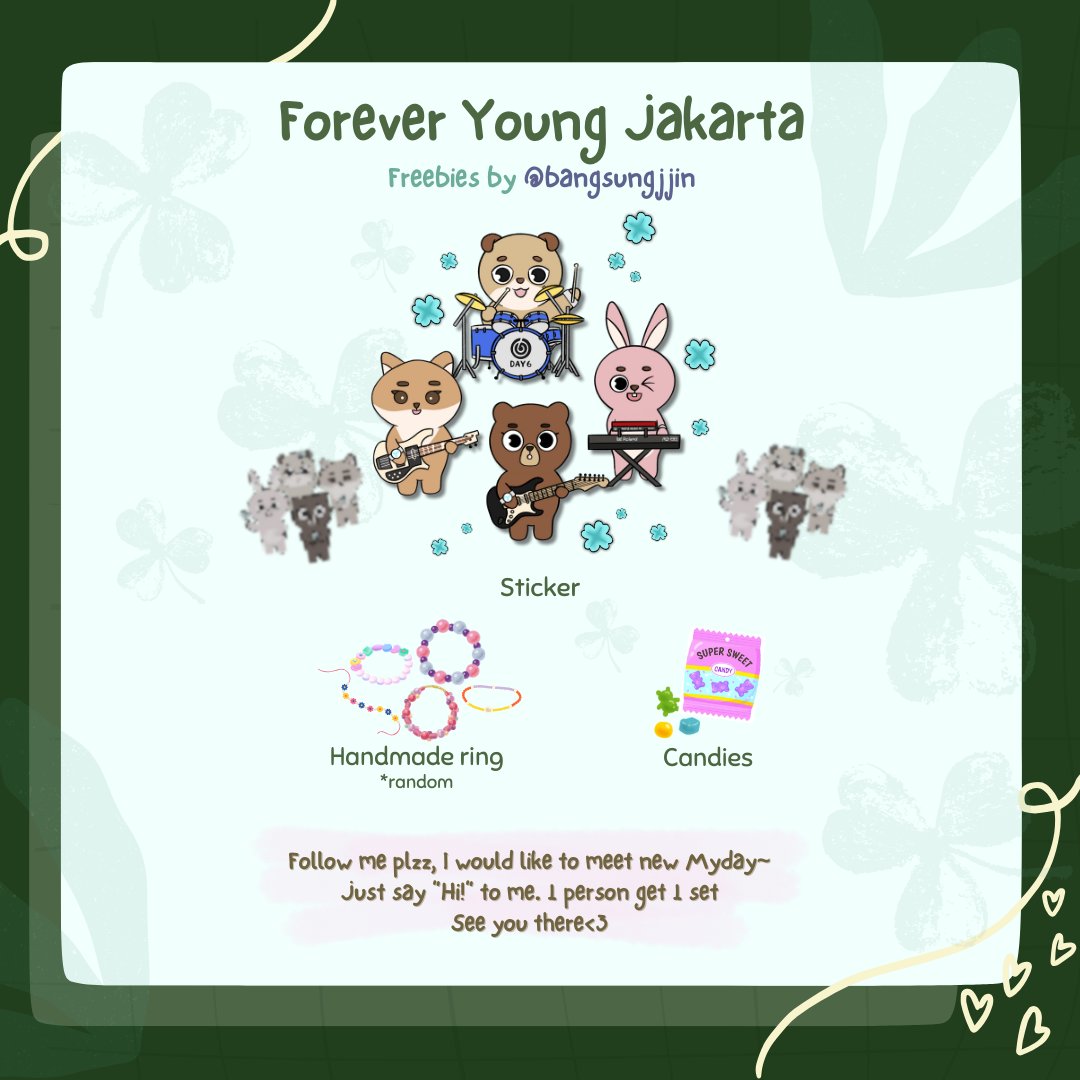 bangsungjjin's tweet photo. 🍀DAY6 Forever Young in Jakarta freebies by @bangsungjjin🍀

🎭 JKT Day1 Show
📅 19 October 2024 
📍 BCIS, Ancol
⏰ TBA

Follow me and lets be moots! One person get one pax. Limited quantity! https://t.co/rQqIDyfwxS
