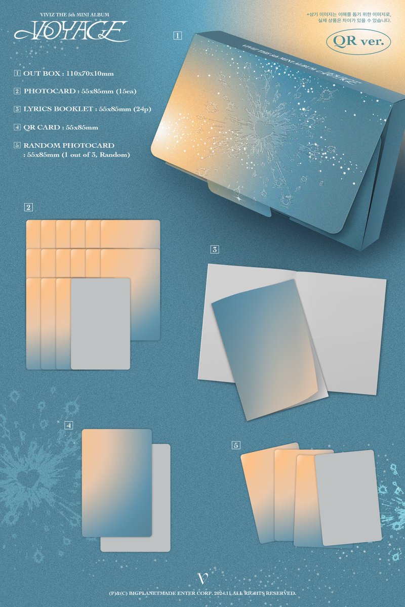 viviz_update's tweet photo. [📷] - #VIVIZ 5th Mini Album 'VOYAGE'

ZIG ver / ZAG ver
1. Outbox
2. Photobook (96 pages)
3. CD & Envelope
4. Logbook (48 pages)
5. Sticker 
6. Photocard (random 1 out of 3)
7. Postcard (random 3 out of 9)
8. M+Y Channel (ZIG ver) / C+K Channel (ZAG ver)
9.  Folded Poster

QR ver
1. Outbox 
2. Photocard (15 ea)
3. Lyrics Booklet (24 pages)
4. QR Card
5. Photocard (random 1 out 3)

#VIVIZ #EUNHA #SINB #UMJI #비비지 #은하 #신비 #엄지 @VIVIZ_official