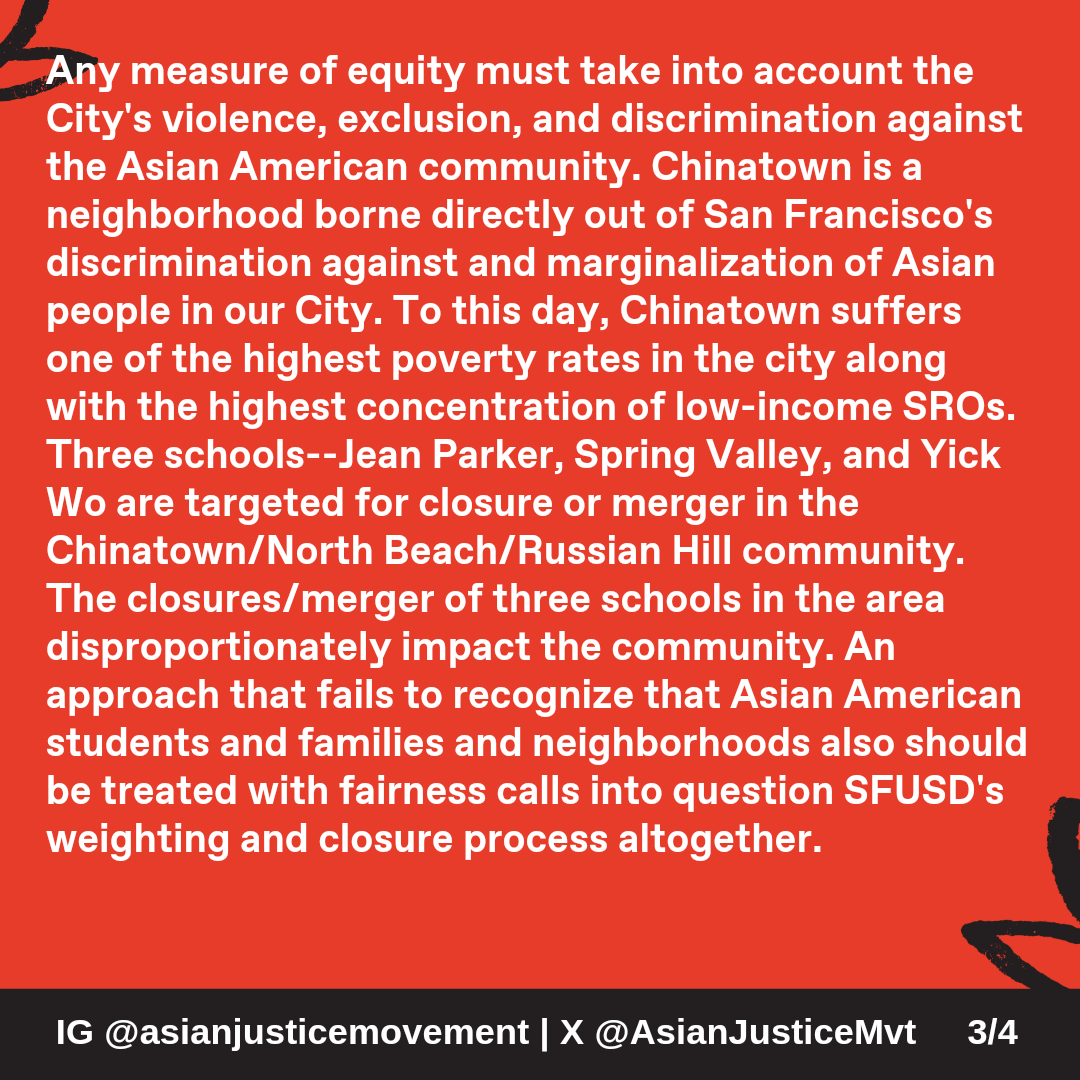 Student academic performance apparently was weighted at only 10% or less of the composite score. Any measure of equity must take into account the City's violence, exclusion, and discrimination against the Asian American community.