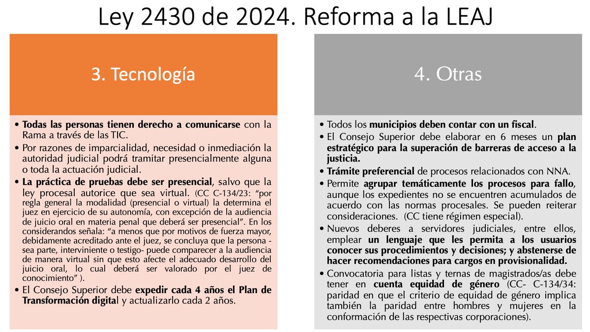 Algunos cambios que introduce la Ley 2430 de 2024 (Reforma a la Ley Estatutaria de la Justicia).

Hay que masticarla con calma, son muchos cambios. Ayuda leerla con el anexo I de la sentencia C-134 de 2023 para no pasar por alto condicionamientos importantes.