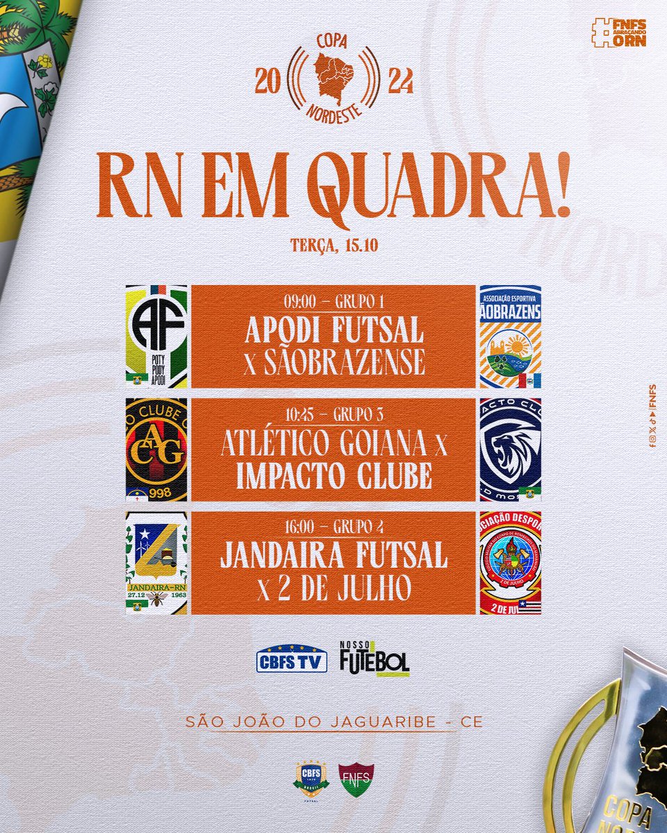 fnfsrn's tweet photo. HOJE TEM RN E QUADRA!

09:00 - Apodi Futsal x Sãobrazense
10:45 - Atlético Goiana x Impacto Clube
16:00 - Jandaira Futsal x 2 de Julho

📍 Ginásio Júlio Irineu Costa - S. J. do Jaguaribe-CE

Vamos juntos torcer pelo RN!

#copanordeste #futsal #cbfs #rn https://t.co/BXEBV2xdWK