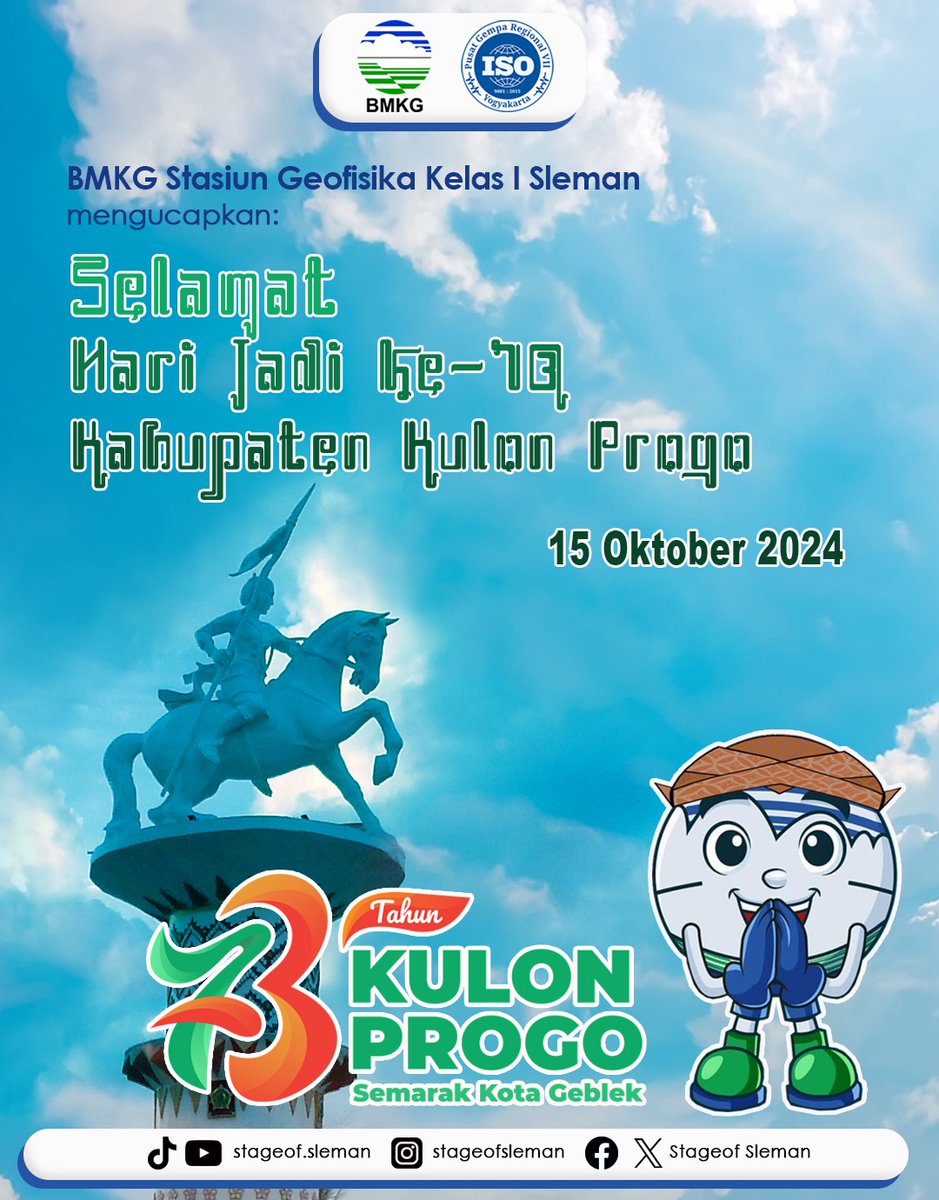 bmkgjogja's tweet image. SELAMAT HARI JADI KE-73 KABUPATEN KULON PROGO 

&quot;Semarak Kota Geblek&quot;

Sejahtera Maju Mandiri Berbudaya dan Berkelanjutan, Kolaborasi Tangguh, Greget Bersinergi Luas untuk Ekonomi Inklusi.

#semarakkotageblek #kulonprogo