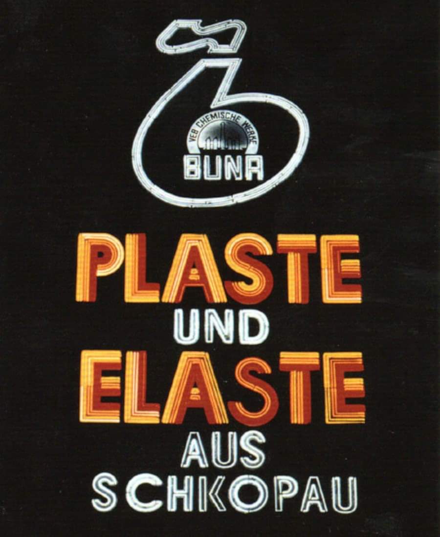 DDR_Reklame's tweet image. Der VEB Chemischen Werke Buna  war ein Chemieunternehmen für die polymere Kunststoffproduktion. Mit 18.000 Beschäftigten war es eines der fünf größten Industriekombinate der #DDR. 
#Leuchtreklame #Chemie #Kunststoff #Plaste #Elaste #Schkopau #Merseburg #GDR #Ostalgie #EastGermany