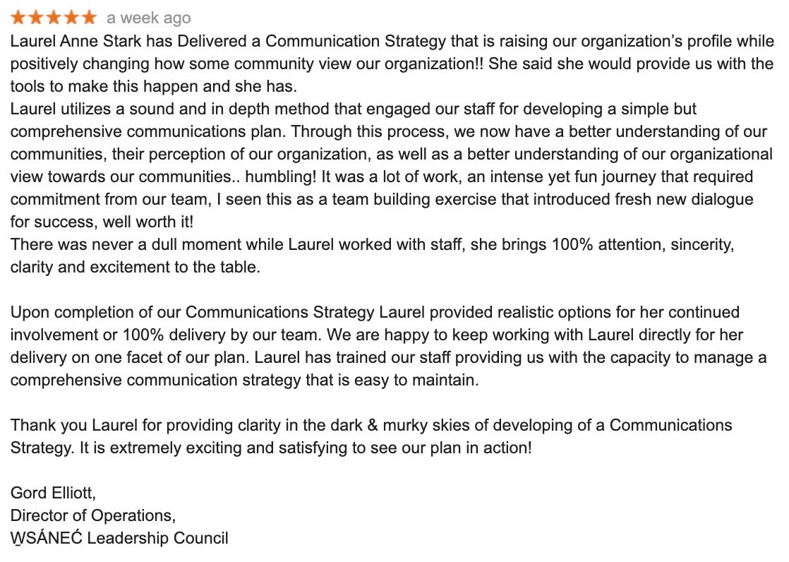 Another 5 star review ☺️ Need a communications / marketing strategy? Learn more: laurelannestark.com/business-marke…