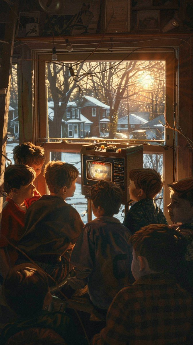 's tweet image. "Kids Watching TV: A group of young #kids intensely watching an old #TV set in a #cozyroom during #sunset. #childhood #vintage #warmvibes #artificialintelligence #digitalart #photography #stockcake ⬇️ Download and 📝 Prompt 👉 stockcake.com/i/kids-watchin…"