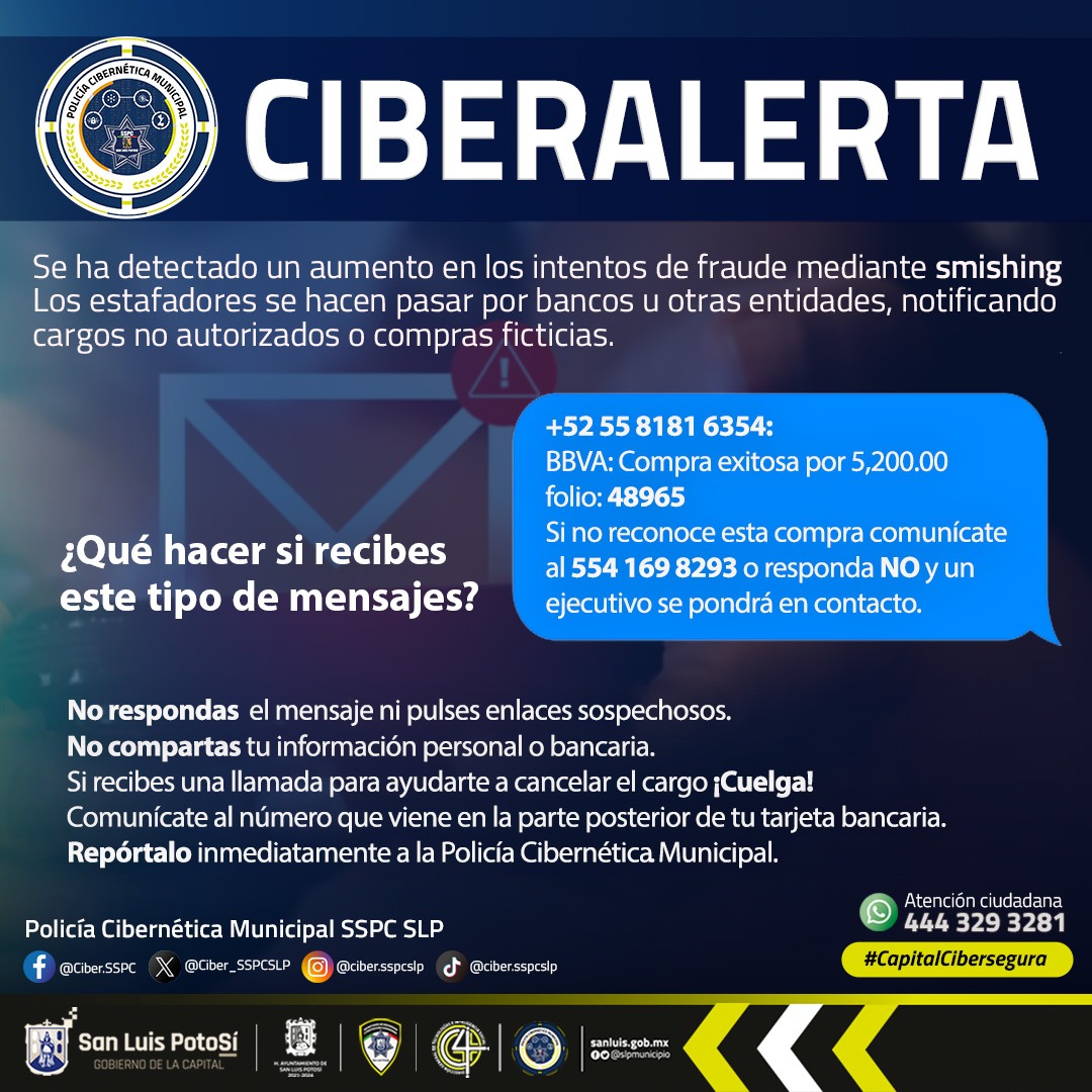 🚨 CIBERALERTA 🚨

¡EVITA SER VÍCTIMA DE SMISHING! 💬

🛑 Se ha detectado un aumento en los intentos de fraude mediante smishing. Los estafadores se hacen pasar por bancos u otras entidades, notificando cargos no autorizados o compras ficticias. 💳🪝

Abrimos 🧵...