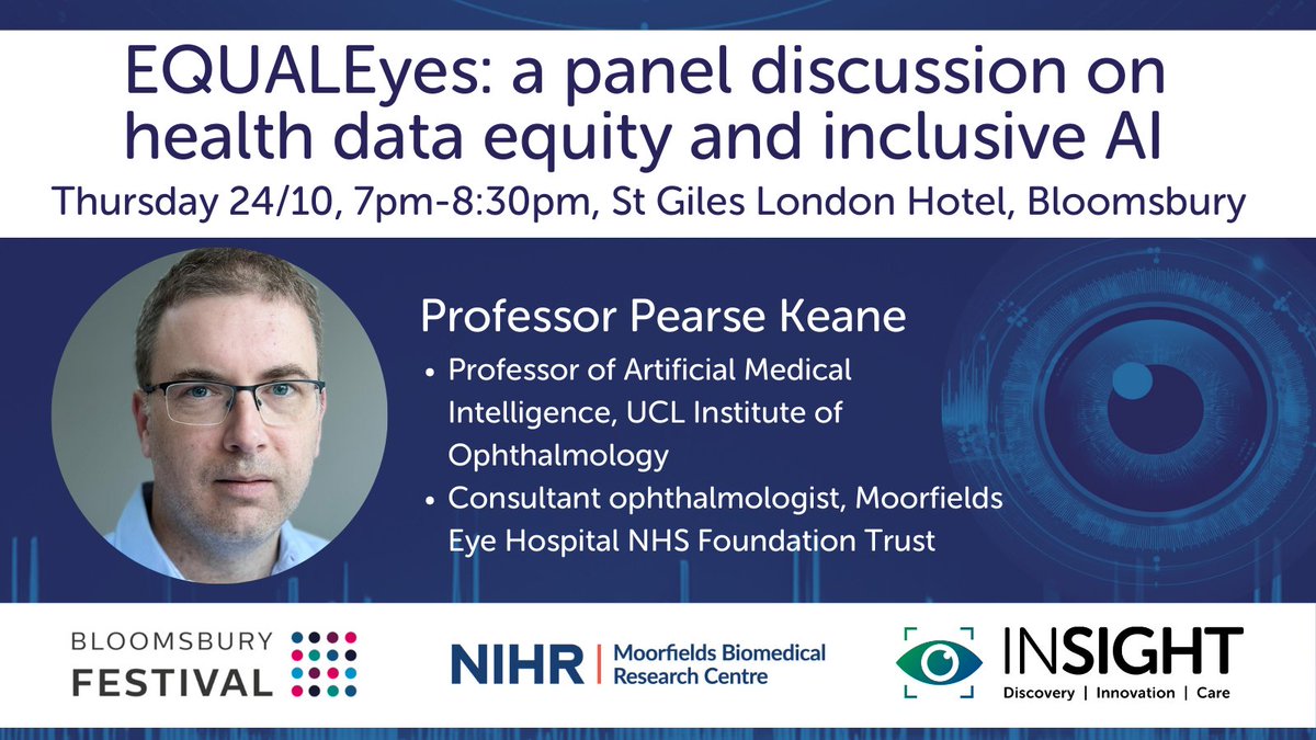 INSIGHTeyehub (@insighteyehub) on Twitter photo Counting down to our @bloomsburyfest event with <a href="/MoorfieldsBRC/">NIHR Moorfields BRC</a> by introducing our panellists.
<a href="/pearsekeane/">Pearse Keane</a> leads a team of clinical researchers & data scientists at <a href="/UCLeye/">UCL Institute of Ophthalmology</a> & <a href="/Moorfields/">Moorfields Eye Hospital NHS Foundation Trust</a> - focused on developing and implementing healthcare #AI
Register: shorturl.at/ovMfK Counting down to our @bloomsburyfest event with <a href="/MoorfieldsBRC/">NIHR Moorfields BRC</a> by introducing our panellists.
<a href="/pearsekeane/">Pearse Keane</a> leads a team of clinical researchers & data scientists at <a href="/UCLeye/">UCL Institute of Ophthalmology</a> & <a href="/Moorfields/">Moorfields Eye Hospital NHS Foundation Trust</a> - focused on developing and implementing healthcare #AI
Register: shorturl.at/ovMfK