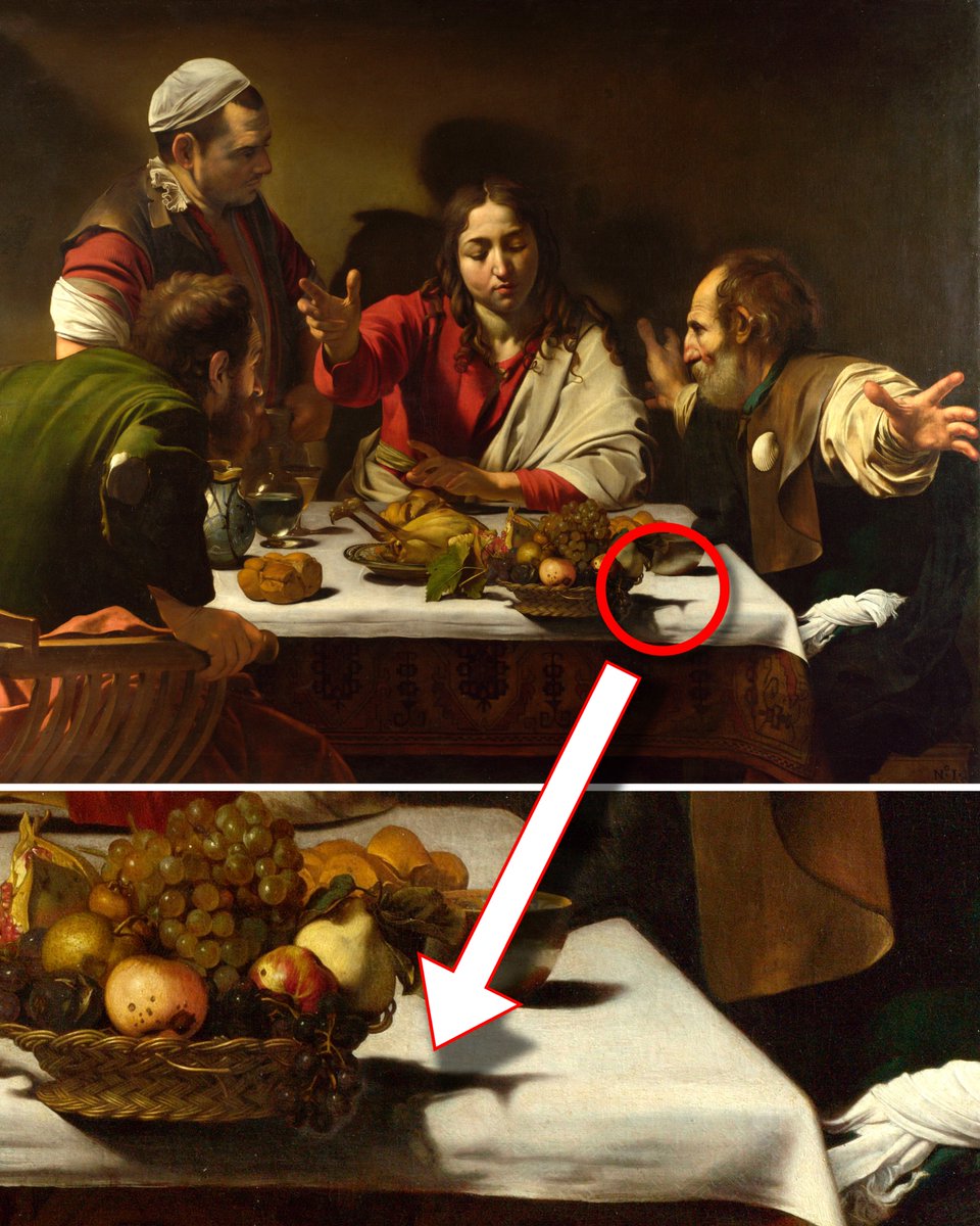 This painting by Caravaggio, Master of Light, is one of the most revolutionary in history.

Why? Notice the empty space left at the table for us.

Sit down at it, and a strange symbol reveals itself... 🧵