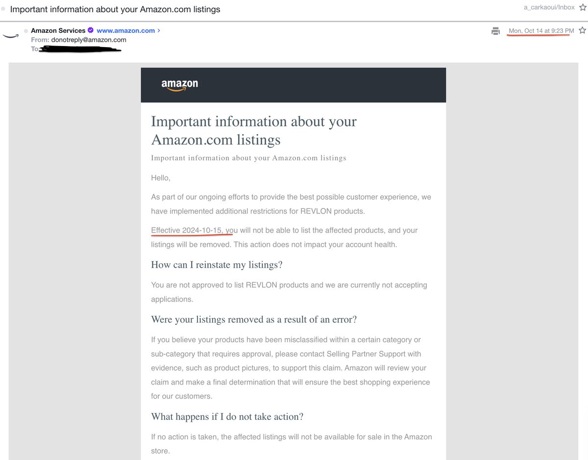 Thousands of sellers received an email yesterday informing us that we only have 24 hours before our listings for brands like LEGO, Olay, Revlon, Mattel, Funko, and Kevin Murphy, among others, will be gated. Please see the attached screenshot, but I am sure you were already aware