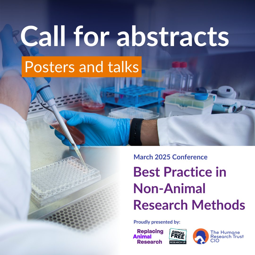 We're seeking submissions for talks and posters for our upcoming conference: Best Practice in Non-Animal Research Methods, hosted jointly by us, <a href="/ReplAnimalRes/">Replacing Animal Research</a> and <a href="/AFR_UK/">AnimalFreeResearchUK</a> 🧪 

Apply 👇
Talks: lnkd.in/eYJ2x9AQ
Posters: lnkd.in/ea2m9Hyq

Deadline: Sun 10 Nov 2024