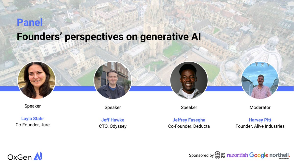 Oxford Generative AI Summit (@oxgenai) on Twitter photo Join us at this week's <a href="/OxGenAI/">Oxford Generative AI Summit</a> Summit for a panel on Founders’ Perspectives on Generative AI.
This panel will feature insights from leading founders building in the generative AI space, focusing on opportunities and challenges in different layers of the stack and key decisions Join us at this week's <a href="/OxGenAI/">Oxford Generative AI Summit</a> Summit for a panel on Founders’ Perspectives on Generative AI.
This panel will feature insights from leading founders building in the generative AI space, focusing on opportunities and challenges in different layers of the stack and key decisions