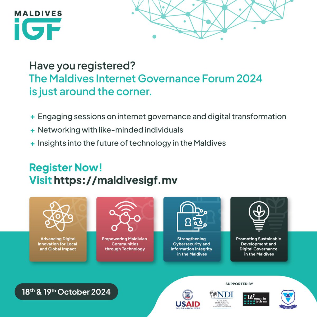Igfmv's tweet photo. 🌐 Join engaging discussions on internet governance &amp; digital transformation, network with like-minded peers, and explore the future of tech in the Maldives.
🔗 Register now: https://t.co/uDwnaQBzKJ
#mvigf https://t.co/DdQpgH7ibX