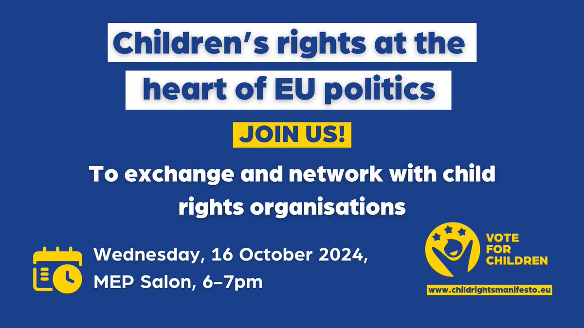 📢 To all MEPs!

Join us on 16 October in Brussels to exchange and network with child rights organisations, and to support the re-establishment of the Intergroup on Children’s Rights.

Let’s ensure children’s voices are heard in the EU decision-making!

childrightsmanifesto.eu
