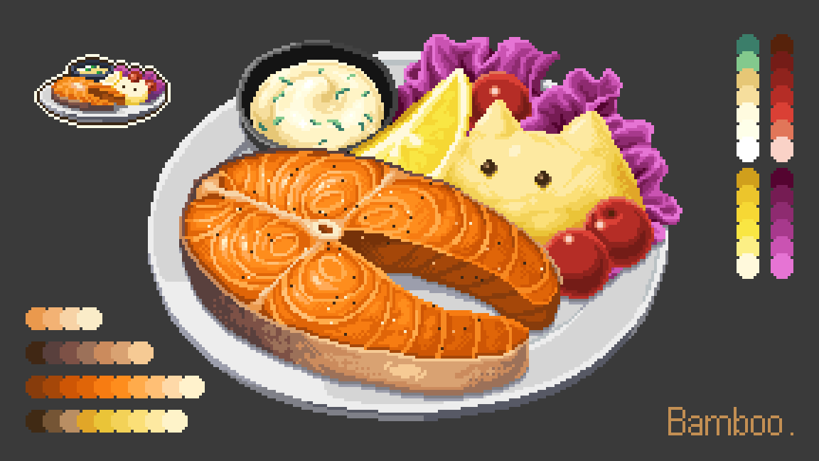 Bamboobeboo's tweet photo. Salmon Steak 🐟🍅🥬

#pixelart #ドット絵 #foodillustration https://t.co/DAsybbGaCH
