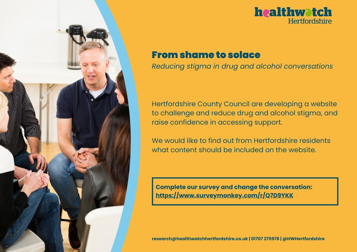Healthwatch Herts (@hwhertfordshire) on Twitter photo <a href="/hertscc/">Hertfordshire County Council</a> are developing a website to challenge and reduce drug and alcohol stigma, and raise confidence in accessing support. They need your help to decided what should be included: buff.ly/4eYGZrD.
<a href="/HertsMind/">Hertfordshire Mind Network</a>
<a href="/1stCommunities/">Communities 1st</a>
<a href="/Hertsviewpoint/">Viewpoint</a> <a href="/hertscc/">Hertfordshire County Council</a> are developing a website to challenge and reduce drug and alcohol stigma, and raise confidence in accessing support. They need your help to decided what should be included: buff.ly/4eYGZrD.
<a href="/HertsMind/">Hertfordshire Mind Network</a>
<a href="/1stCommunities/">Communities 1st</a>
<a href="/Hertsviewpoint/">Viewpoint</a>
