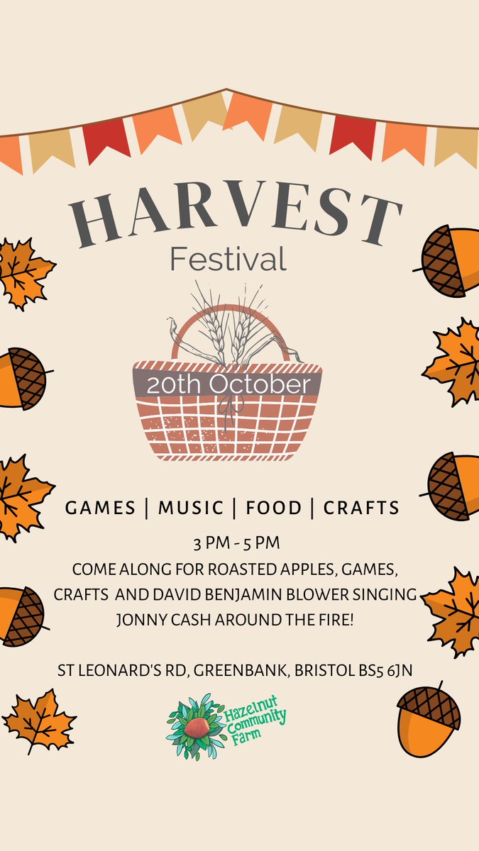 🍂🔥 Hazelnut Community Bristol – Harvest Festival! 🔥🍂

Mark your calendars for October 20th, 3 PM - 5 PM and join us for:

🎶 David Benjamin Blower singing Johnny Cash around the fire 🍏 Roasted apples and corn🎨 Games &amp; crafts for all ages