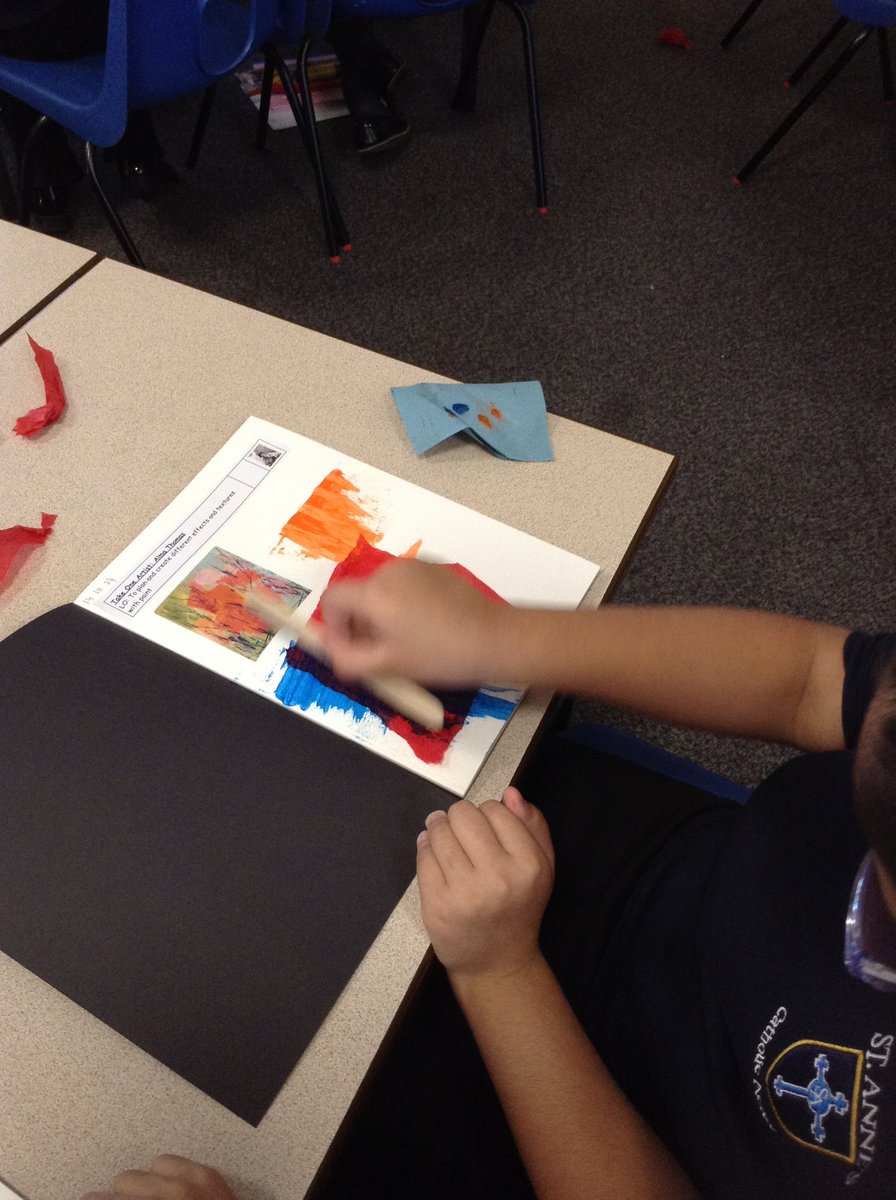 stanneskly's tweet photo. Year 4 have had lots of fun experimenting with different ways of painting. Inspired by the work of Alma Thomas, we have used lollypop stick to drag paint, and straws to blow it to create different effects. #TakeOneArtist https://t.co/IzUckpfx0Z