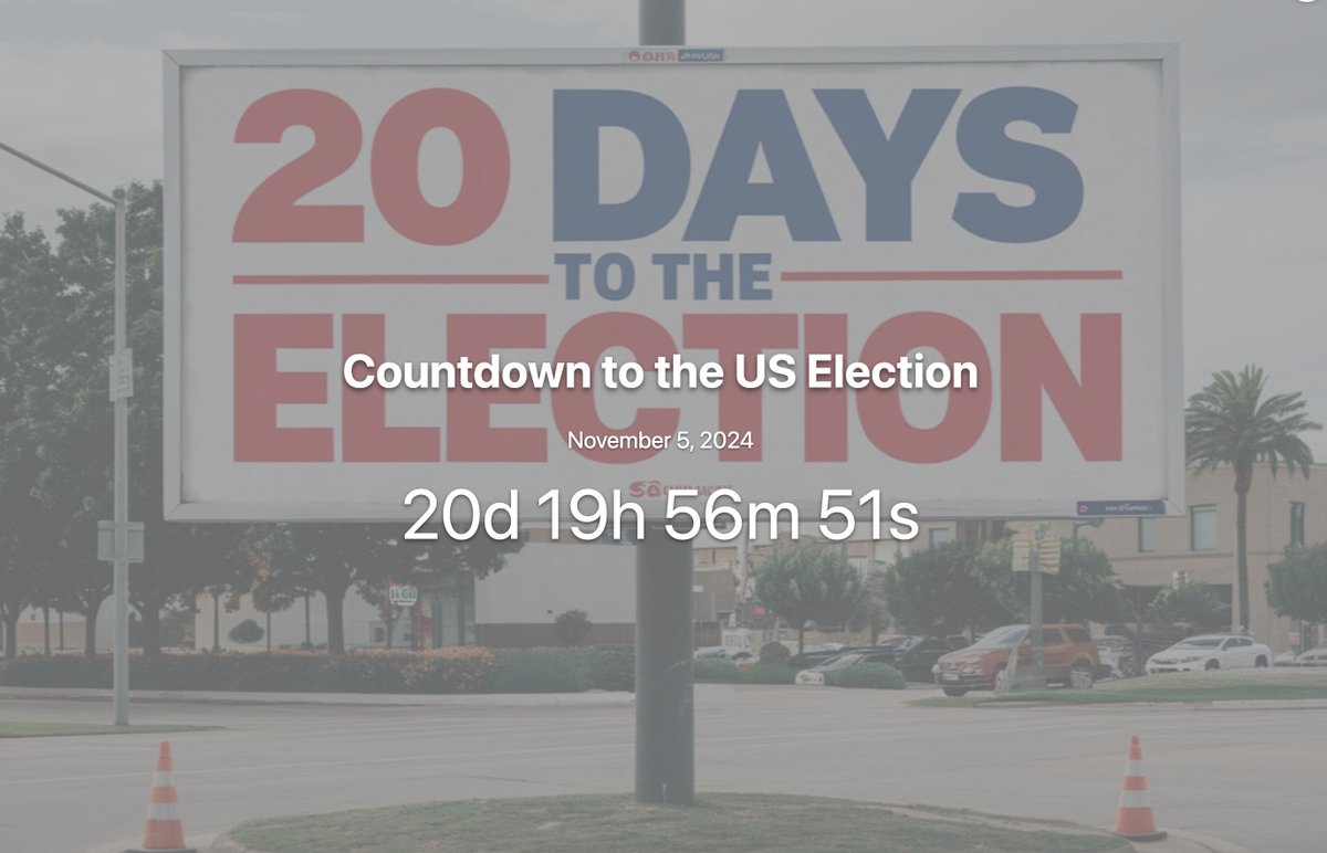 CountdownElect's tweet photo. 20d 19h 56m 51s | Countdown to the US Election https://t.co/sTSWx67BEm https://t.co/a6twyREYZg