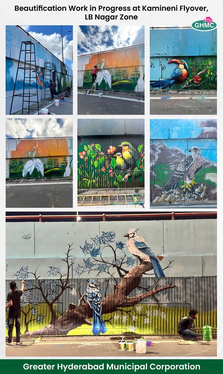 Beautification work is currently underway at Kamineni Flyover in LB Nagar zone, transforming it into a vibrant and welcoming space. #GHMC is committed to creating a greener and more aesthetically pleasing Hyderabad for all.

#HappeningHyderabad #UrbanDevelopment