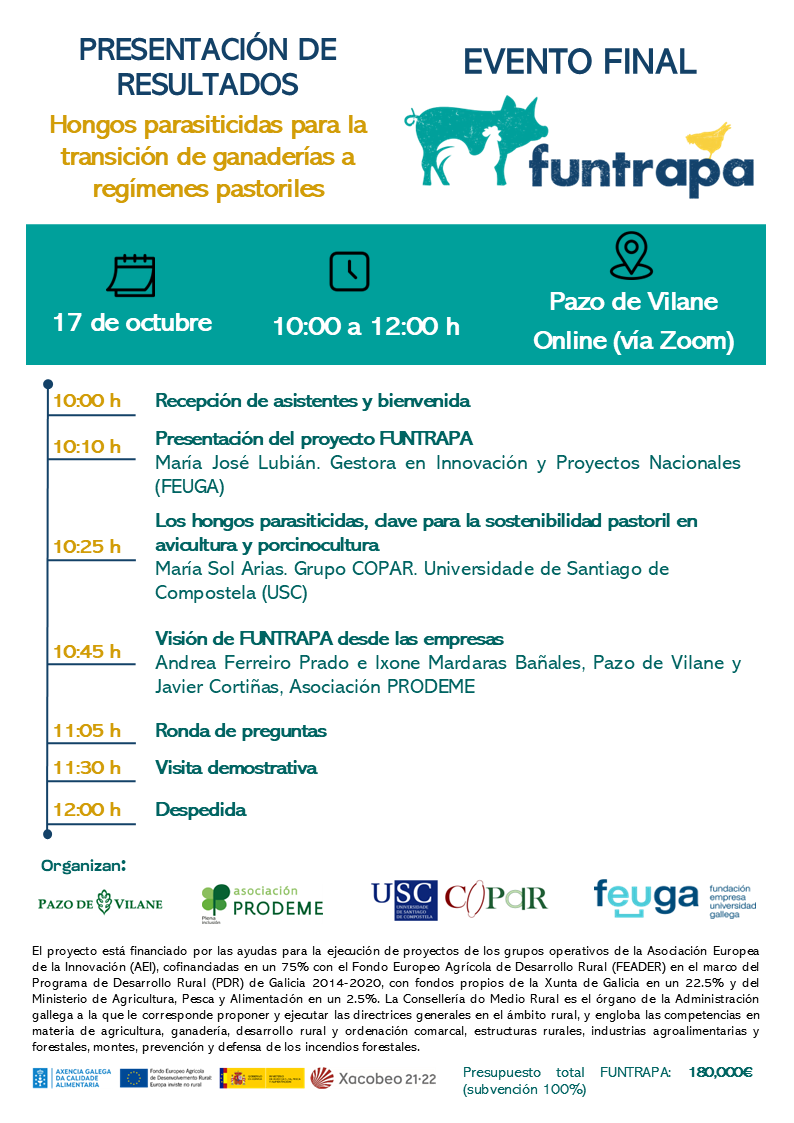 GOFuntrapa's tweet photo. ¡No te pierdas el evento final del @GOFuntrapa!🐔🌿Andrea Ferreiro Prado e Ixone Mardaras Bañales, de @PazodeVilane, compartirán su experiencia sobre la aplicación fúngica en sus instalaciones y cómo ha impactado en la salud de sus gallinas. https://t.co/hzEfTAgegf