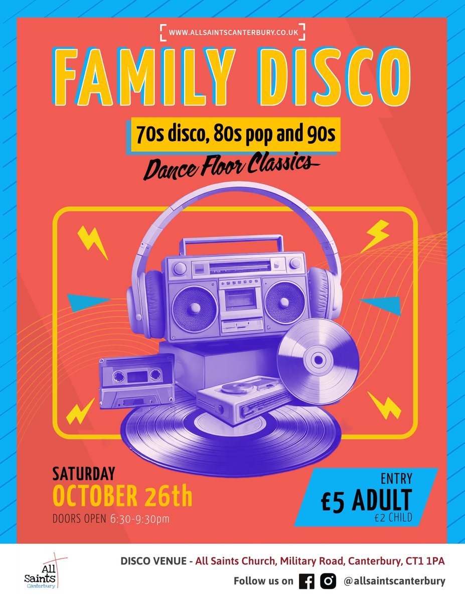 All Saints Canterbury (@allsaintscant) on Twitter photo It's disco time! Join the fun with dance floor classics from the 70s, 80s and 90s next Saturday 26 October, from 6:30pm. So put your disco shoes on and we'll see you on the dance floor!🕺💃
£5 adult / £2 child. Fundraising for our roof replacement building project.
#RaiseTheRoof It's disco time! Join the fun with dance floor classics from the 70s, 80s and 90s next Saturday 26 October, from 6:30pm. So put your disco shoes on and we'll see you on the dance floor!🕺💃
£5 adult / £2 child. Fundraising for our roof replacement building project.
#RaiseTheRoof