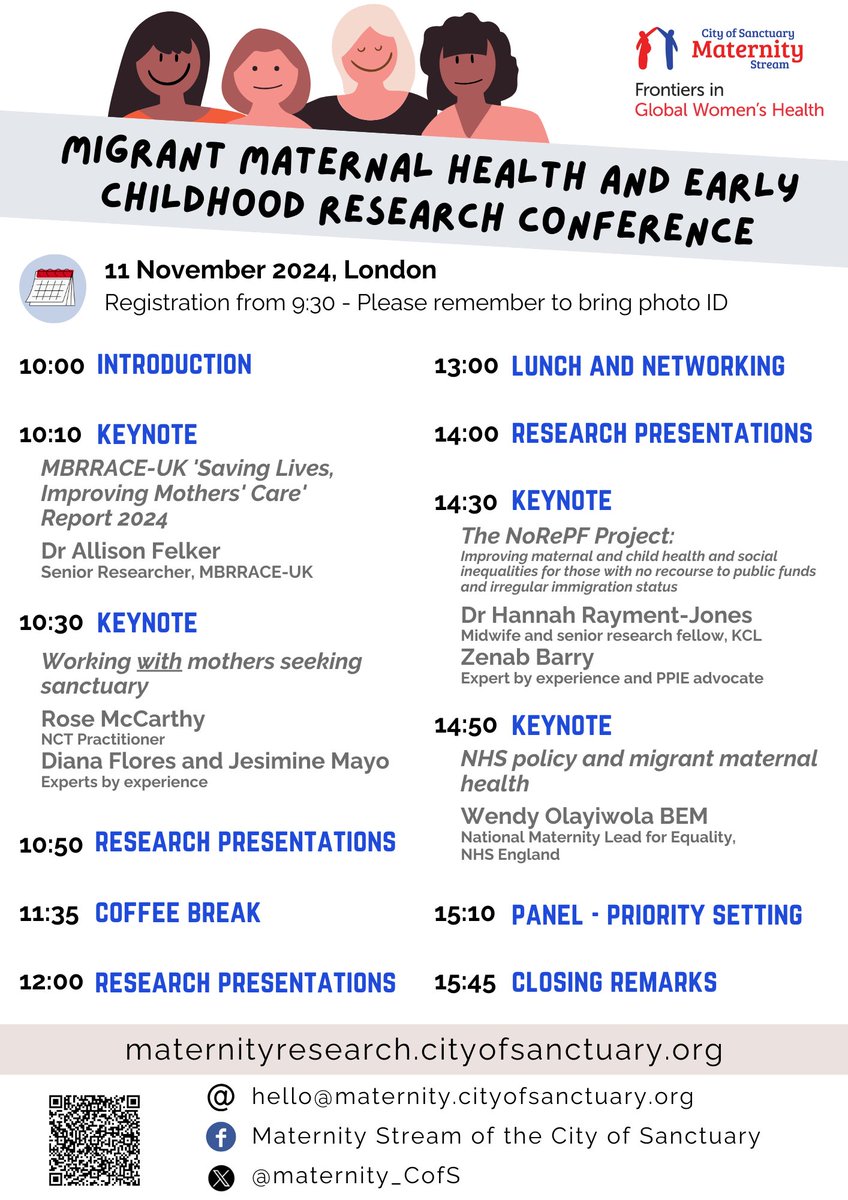 🚨 Full programme now available 🚨

Join us at the first #MigrantsMaternalHealthConference24 to learn about migrant maternal health and childhood research, share expertise and experiences, and grow your network!

🎟️Tickets and more info: maternityresearch.cityofsanctuary.org/network-member…