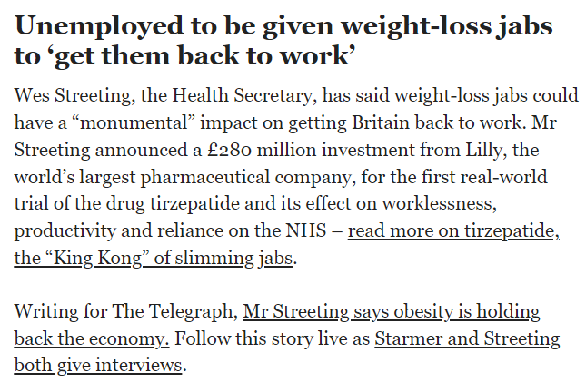 This is so sinister. Wes Streeting has accepted £280m from a pharma company to trial an injectable weight-loss drug on the unemployed. This is like something out of a dystopian sci-fi novel. What next??