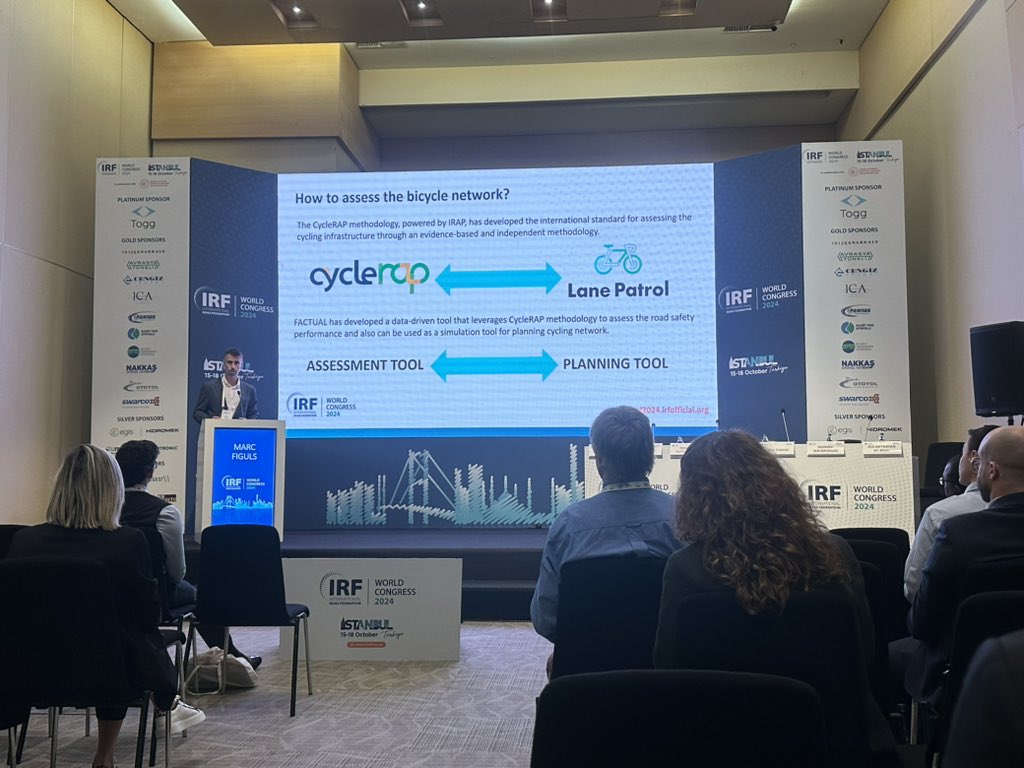 iRAPSavingLives's tweet image. At #IRF2024 @MarcFiguls @GoFactual presents #LanePatrol, using #CycleRAP as an enhanced planning tool for safe #cycling &amp;amp; light #mobility. Supporting the @Project_PHOEBE &amp;amp; test cases in Barcelona, Abu Dhabi, Oxford &amp;amp; Helsinki. Made safer by iRAP! tinyurl.com/awzyh2dk